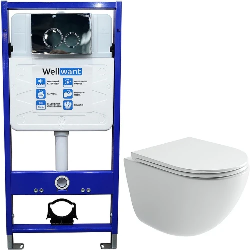 Комплект унитаза Ceramicanova Vogue CN4008T с инсталляцией WellWant Standart 50 WWISI1110B с сиденьем Микролифт и клавишей смыва Хром глянцевый фарфор подвесной