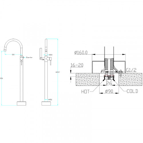 Смеситель для ванны Boheme Brillante 469-CR (229) Хром латунь на пол