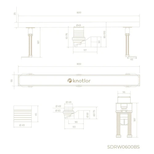 Душевой лоток Knotlor Земля 60 SDRW0600BS с решеткой цвет Матовая сталь