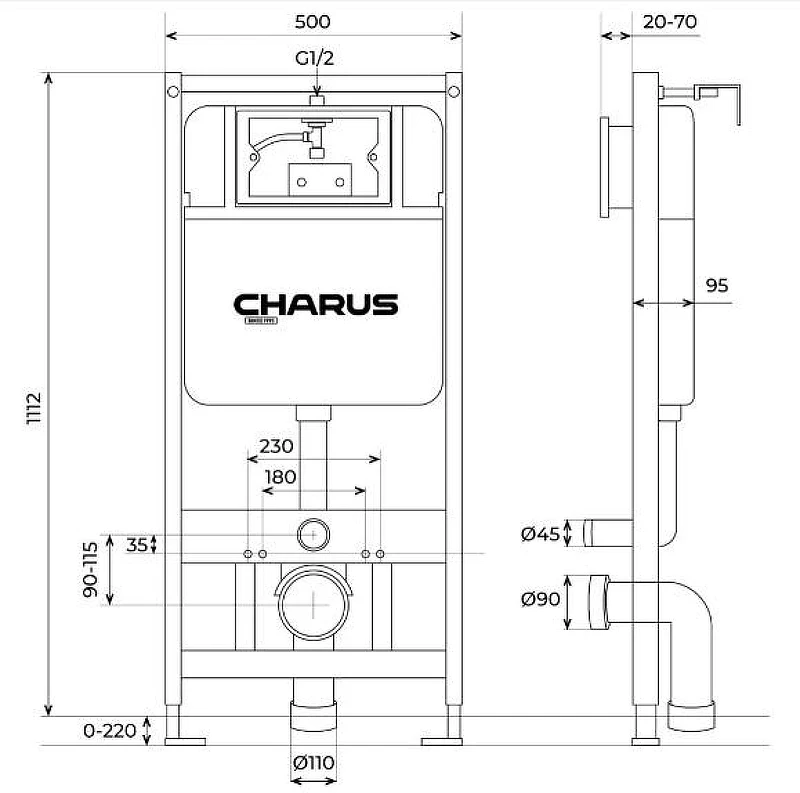 Комплект унитаза с инсталляцией Charus SET.125W.21.1 цвет Белый с сиденьем Микролифт и клавишей смыва цвет Хром