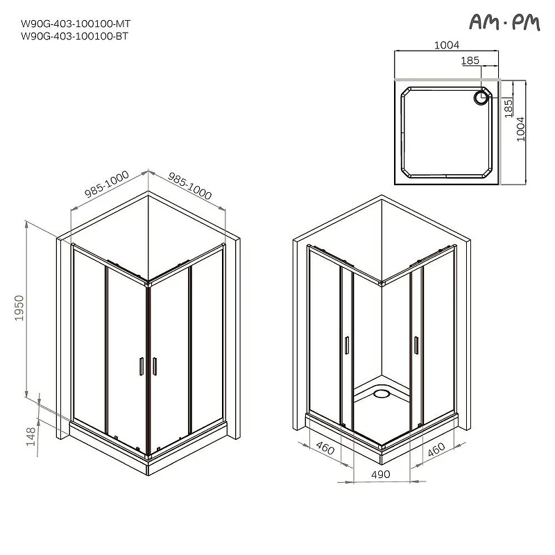 Душевой уголок AM.PM Gem 100х100 W90G-403-100100-MT профиль Хром матовый стекло прозрачное