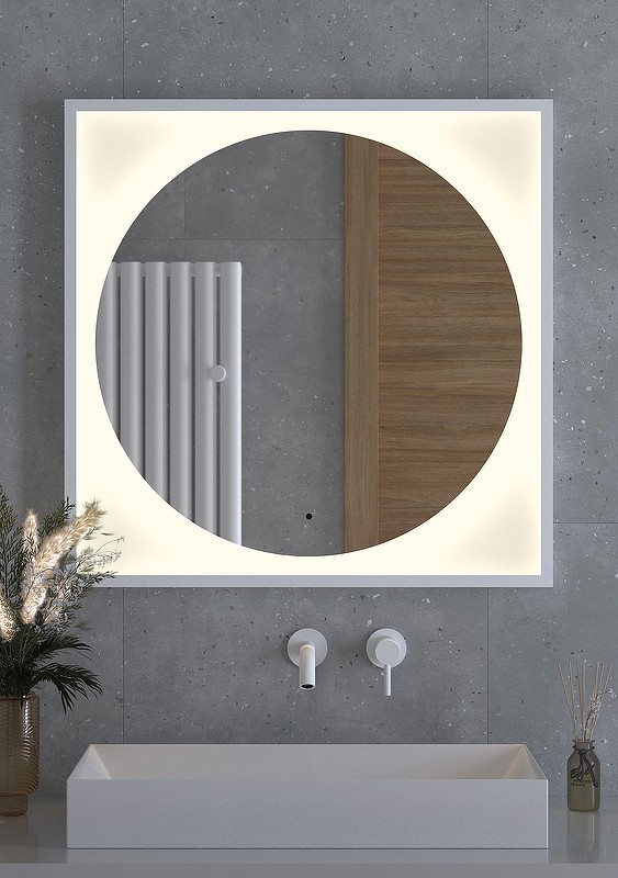 Зеркало Defesto Eclipce 80х80 DF 2238R с подсветкой 18W-3000К/в багетной раме/ИК - выключатель/Теплый белый свет/Белая рама