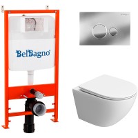 Комплект унитаза с инсталляцией BelBagno Uno-Tor BB5177CH-TOR/SC/BB026/BB081CR с сиденьем Микролифт и клавишей смыва Хром глянцевый фаянс подвесной