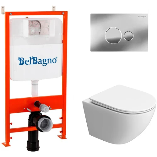Комплект унитаза с инсталляцией BelBagno Uno-Tor BB5177CH-TOR/SC/BB026/BB081CR с сиденьем Микролифт и клавишей смыва Хром глянцевый фаянс подвесной
