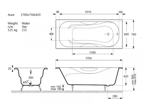 Чугунная ванна Vinsent Veron Aura 170x75 VAU1707542 цвет Белый