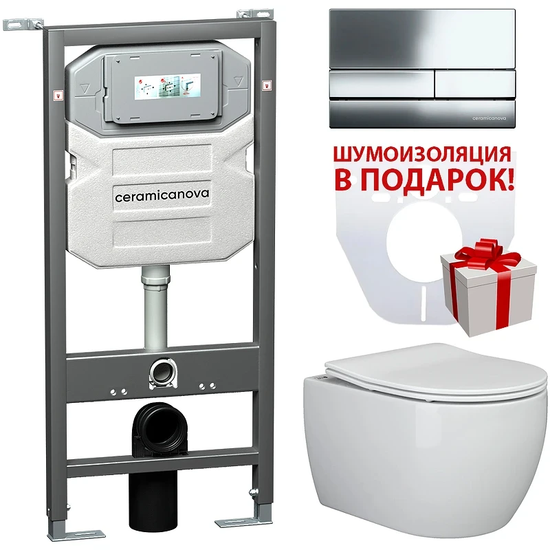 Комплект унитаза с инсталляцией Ceramicanova Play CN3001_1002CH_1000 с сиденьем Микролифт и клавишей смыва Хром фаянс подвесной