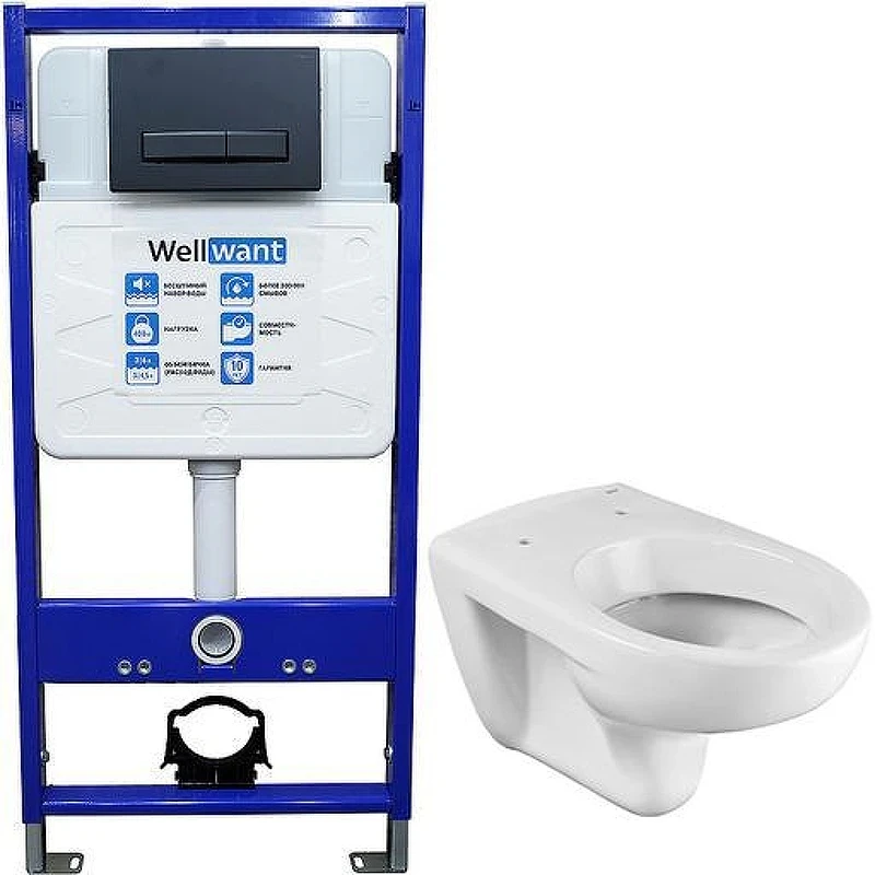 Унитаз с инсталляцией Roca Mateo 346200000 + WellWant Standart 50 WWISI111BB с Черной матовой клавишей смыва без сиденья