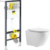 Унитаз с инсталляцией CeramaLux 2197 + Viega Prevista Dry 8524.14 792596 с сиденьем Микролифт и клавишей смыва Хром