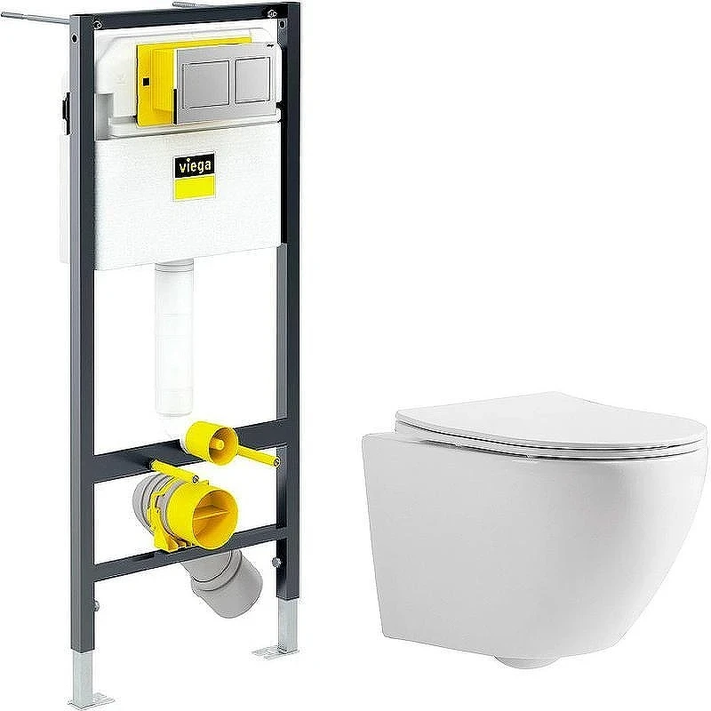 Унитаз с инсталляцией CeramaLux 2197 + Viega Prevista Dry 8524.14 792596 с сиденьем Микролифт и клавишей смыва Хром