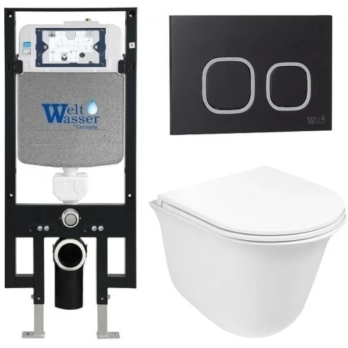 Комплект унитаза с инсталляцией WeltWasser AMBERG 497 + TELBACH 004 GL-WT + AMBERG RD-BL 10000006675 цвет Белый глянцевый с сиденьем Микролифт и клавишей смыва цвет Черный