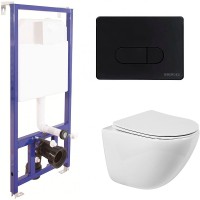 Комплект унитаза BelBagno Amanda BB051CHR+BB051SC с инсталляцией Berges Novum D5 040235 с сиденьем Микролифт и Черной матовой клавишей смыва фаянс подвесной