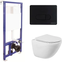 Комплект унитаза BelBagno Amanda BB051CHR+BB051SC с инсталляцией Berges Novum D5 040235 с сиденьем Микролифт и Черной матовой клавишей смыва фаянс подвесной