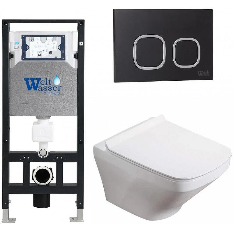 Комплект унитаза с инсталляцией WeltWasser AMBERG 506 + HOFBACH 041 GL-WT + AMBERG RD-BL 10000011657 цвет Белый глянцевый с сиденьем Микролифт и клавишей смыва цвет Черный