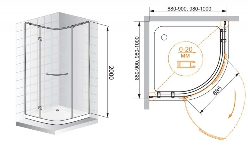Душевой уголок Cezares Bergamo R-1 Arco 100x100 BERGAMO-W-R-1-100-ARCO-C-Cr-R-IV IV профиль Хром стекло прозрачное
