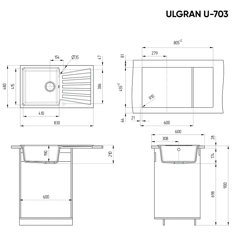 Кухонная мойка Ulgran Classic U-703-328 Бежевая искусственный камень (литьевой мрамор) встраиваемый