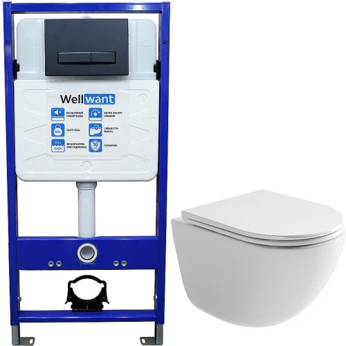 Комплект унитаза Ceramicanova Vogue CN4008T с инсталляцией WellWant Standart 50 WWISI111BB с сиденьем Микролифт и Черной матовой клавишей смыва фарфор подвесной