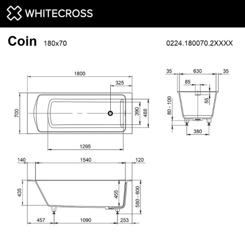 Ванна из искусственного камня Whitecross Coin 180х70 0224.180070.2XXXX цвет RAL матовый