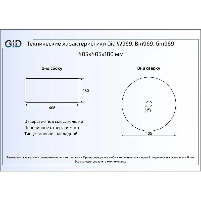 Раковина-чаша Gid Esfera 40 W969 51174 цвет Белый