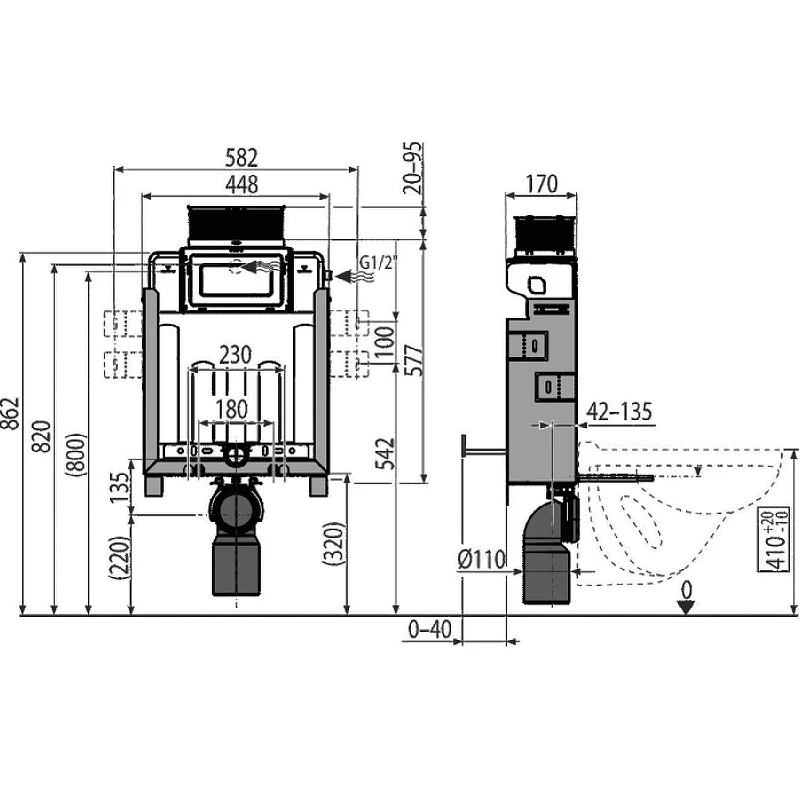 Инсталляция Alcaplast Renovmodul AM119/850 для подвесного унитаза без клавиши смыва пластик