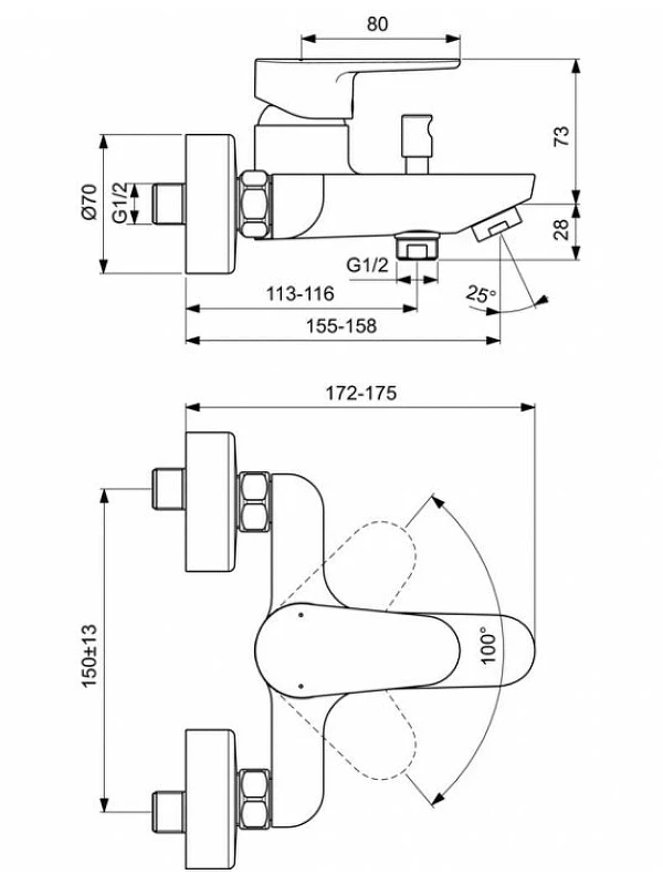 Смеситель для ванны Ideal Standard Cerafine Model O BC500XG Черный шелк латунь на стену