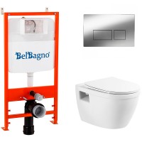 Комплект унитаза с инсталляцией BelBagno Loto BB070CHR/SC/BB026/BB041CR с сиденьем Микролифт и клавишей смыва Хром глянцевый фаянс подвесной
