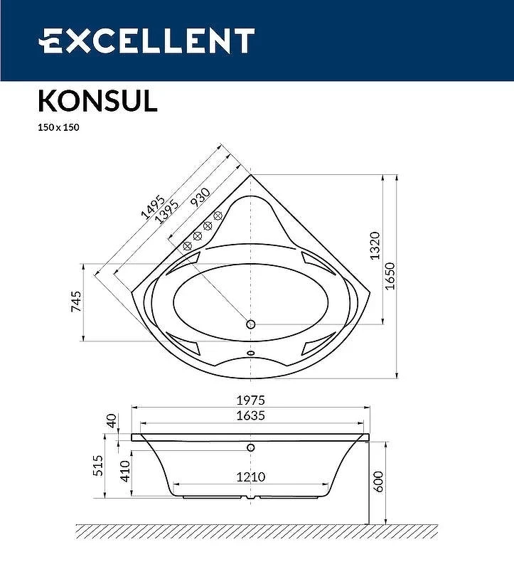 Акриловая ванна Excellent Konsul 150x150 WAEX.KON15.LINE.CR с гидромассажем