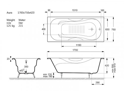 Чугунная ванна Vinsent Veron Aura 170x75 VAU1707542-AS цвет Белый с антискользящим покрытием