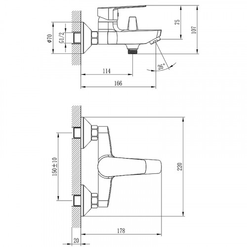 Смеситель для ванны Rossinka S35-31 Хром латунь на стену