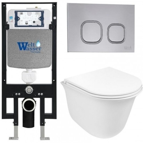 Комплект унитаза с инсталляцией WeltWasser AMBERG 497 + TELBACH 004 GL-WT + AMBERG RD-CR 10000006676 цвет Белый глянцевый с сиденьем Микролифт и клавишей смыва цвет Хром