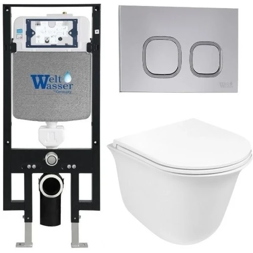Комплект унитаза с инсталляцией WeltWasser AMBERG 497 + TELBACH 004 GL-WT + AMBERG RD-CR 10000006676 цвет Белый глянцевый с сиденьем Микролифт и клавишей смыва цвет Хром