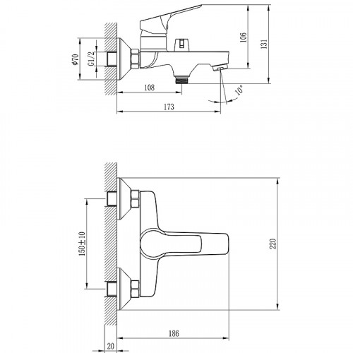 Смеситель для ванны Rossinka RS29-31 Хром латунь на стену
