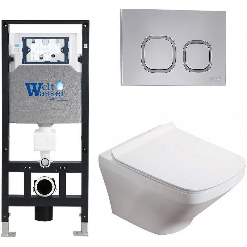 Комплект унитаза с инсталляцией WeltWasser AMBERG 506 + HOFBACH 041 GL-WT + AMBERG RD-CR 10000011658 цвет Белый глянцевый с сиденьем Микролифт и клавишей смыва цвет Хром
