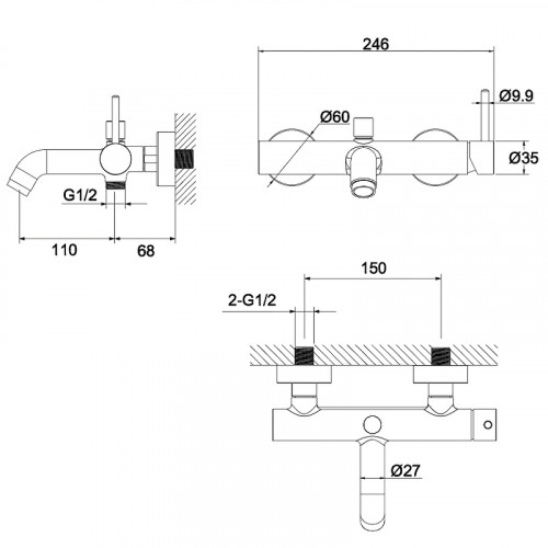 Смеситель для ванны Whitecross Y brushed nickel Y1230NIB Брашированный никель латунь на стену