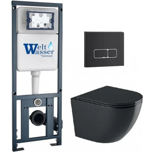 Комплект унитаза с инсталляцией WeltWasser MARBERG 410 + MERZBACH 043 GL-BL + MAR 410 SE MT-BL 10000012198 цвет Черный глянцевый с сиденьем Микролифт и клавишей смыва цвет Черный матовый