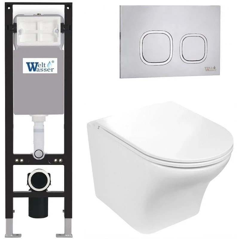 Комплект унитаза с инсталляцией WeltWasser AMBERG 350 + ODENBACH 004 GL-WT + AMBERG RD-MT CR 10000012401 цвет Белый глянцевый с сиденьем Микролифт и клавишей смыва цвет Хром матовый
