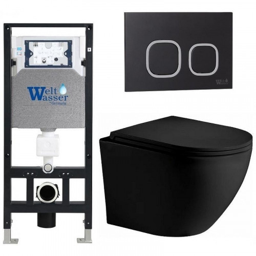 Комплект унитаза с инсталляцией WeltWasser AMBERG 506 + MERZBACH 043 XL MT-BL + AMBERG RD-BL 10000014117 цвет Черный матовый с сиденьем Микролифт и клавишей смыва цвет Черный