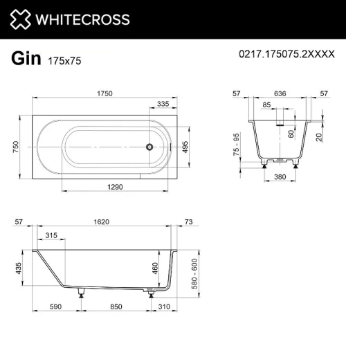 Ванна из искусственного камня Whitecross Gin 175x75 0217.175075.2XXXX цвет RAL матовый