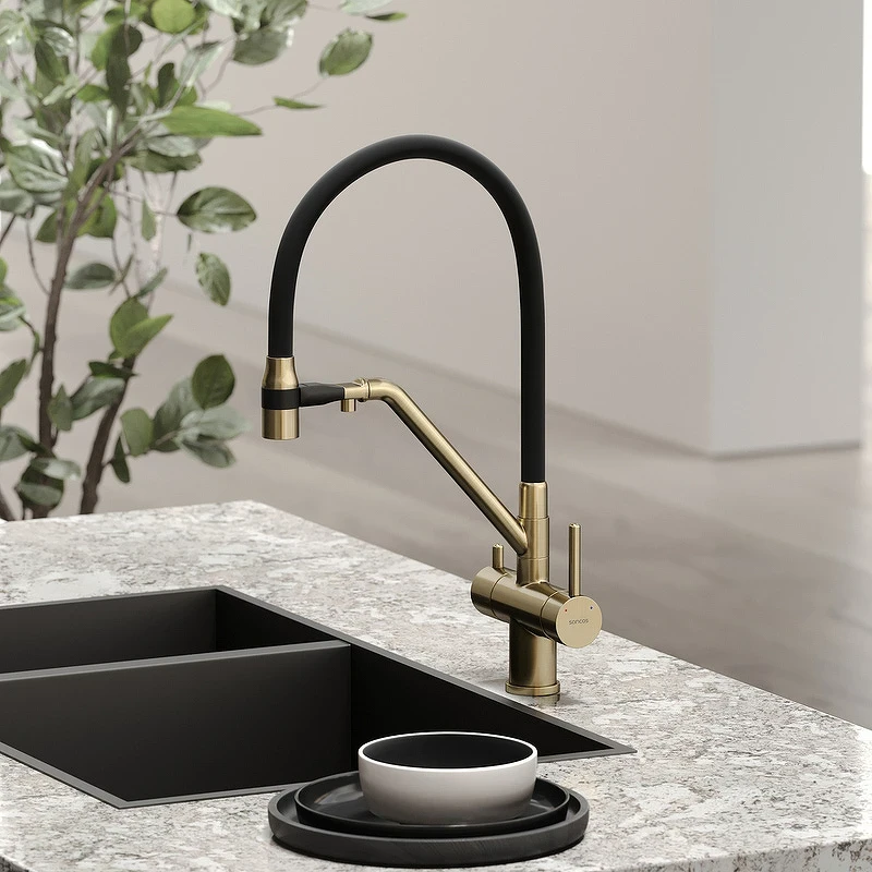Смеситель для кухни Sancos Dora SC4003BG Золото брашированное Черный латунь