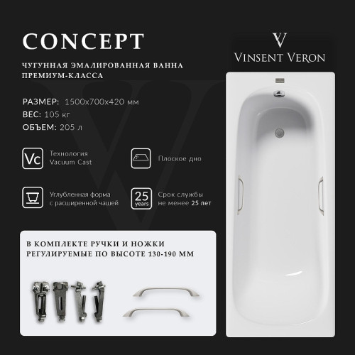Чугунная ванна Vinsent Veron Concept 150x70 VCO1507042H/VH0012NI цвет Белый с квадратными ручками никель