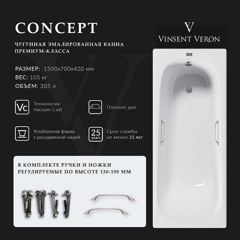 Чугунная ванна Vinsent Veron Concept 150x70 VCO1507042H/VH0012NI цвет Белый с квадратными ручками никель
