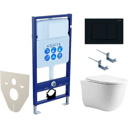 Комплект унитаза с инсталляцией Aquatek Set Aquatek Классик cm-012 4в1 с сиденьем Микролифт и Черной матовой клавишей смыва фарфор подвесной