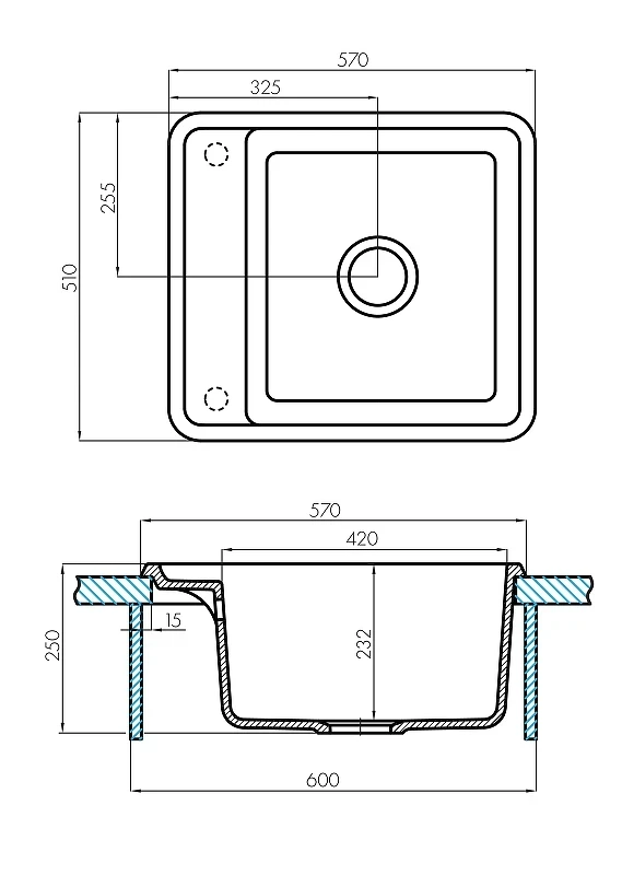 Кухонная мойка Aquaton Беллис 57 1A724932BS230 Серая искусственный камень (литьевой мрамор) встраиваемый