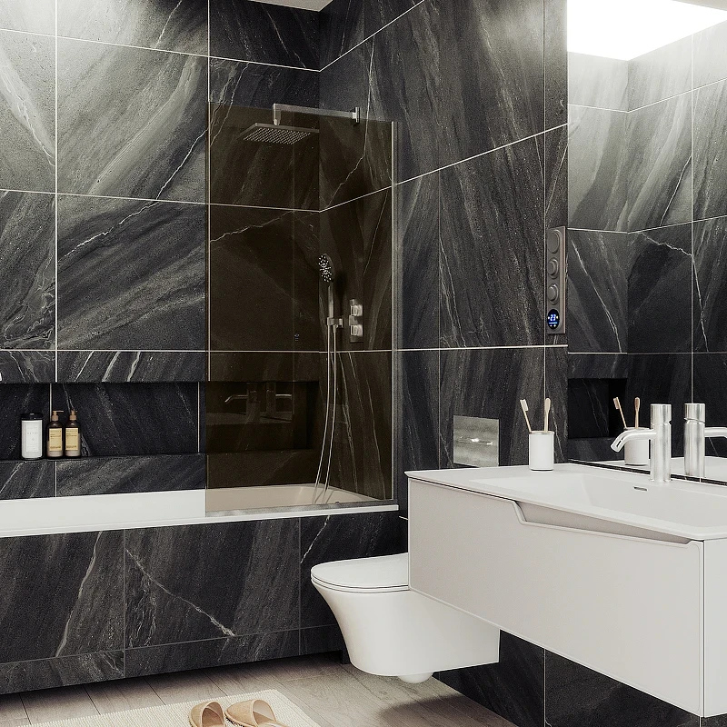 Шторка на ванну Maybah Glass MGV-68-5у 600x1400 в узком профиле Хром матовый стекло бронзовое