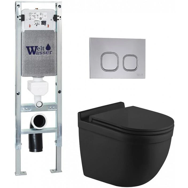 Комплект унитаза с инсталляцией WeltWasser AMBERG 350 ST + HEIMBACH 043 MT-BL + AMBERG RD-CR 10000012222 цвет Черный матовый с сиденьем Микролифт и клавишей смыва цвет Хром