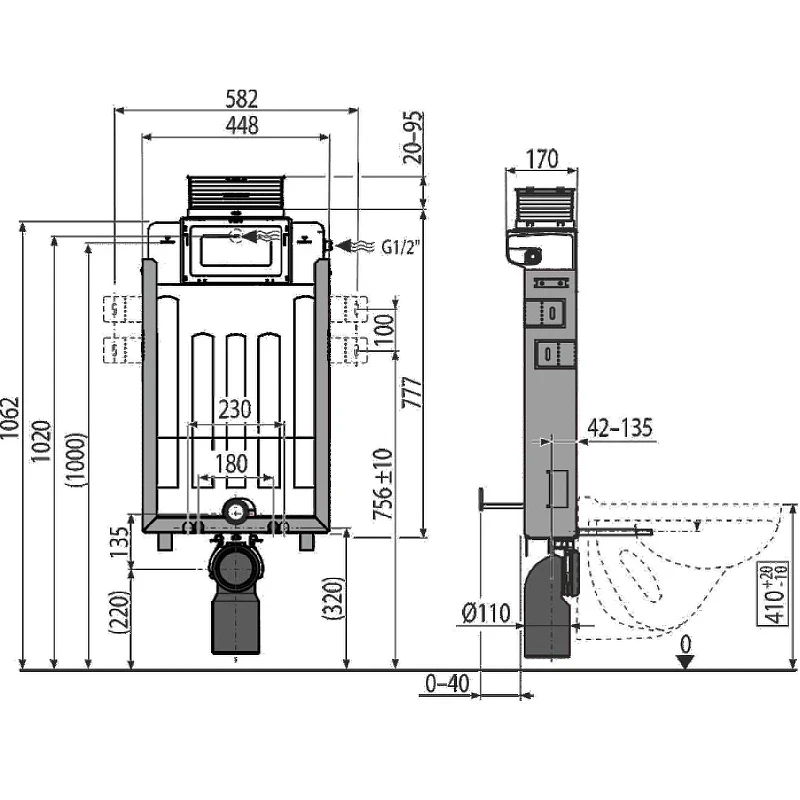 Инсталляция Alcaplast Renovmodul AM119/1000 для подвесного унитаза без клавиши смыва пластик