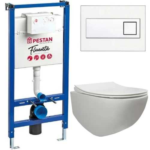 Комплект унитаза Pestan Fluenta SET40006661DW с инсталляцией с сиденьем Микролифт и Белой клавишей смыва фаянс подвесной