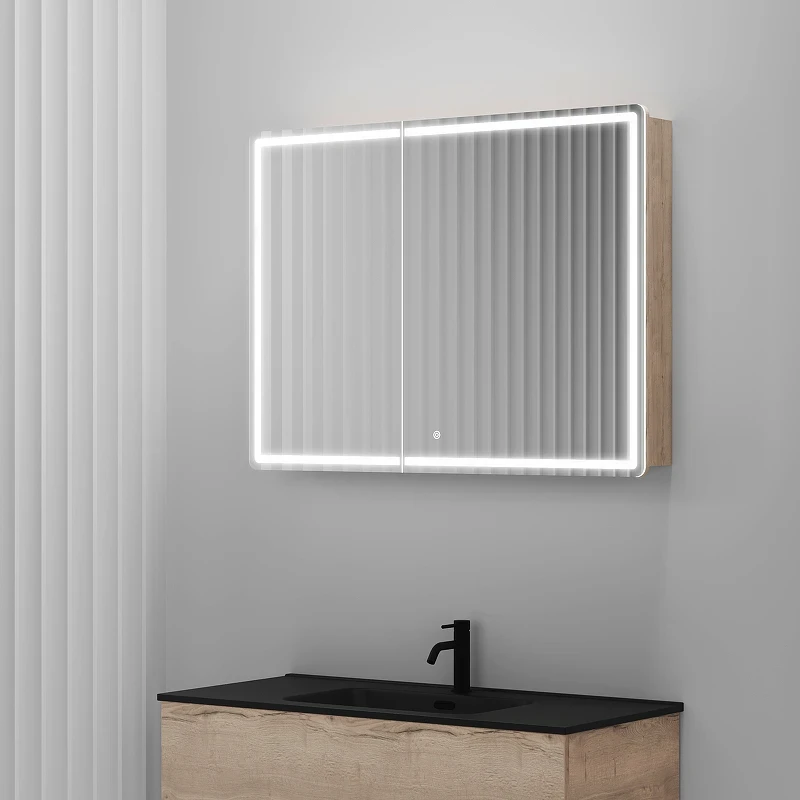 Зеркальный шкаф Sancos Mirror 100 MI100EG с подсветкой Дуб галифакс натуральный МДФ / ЛДСП, стекло