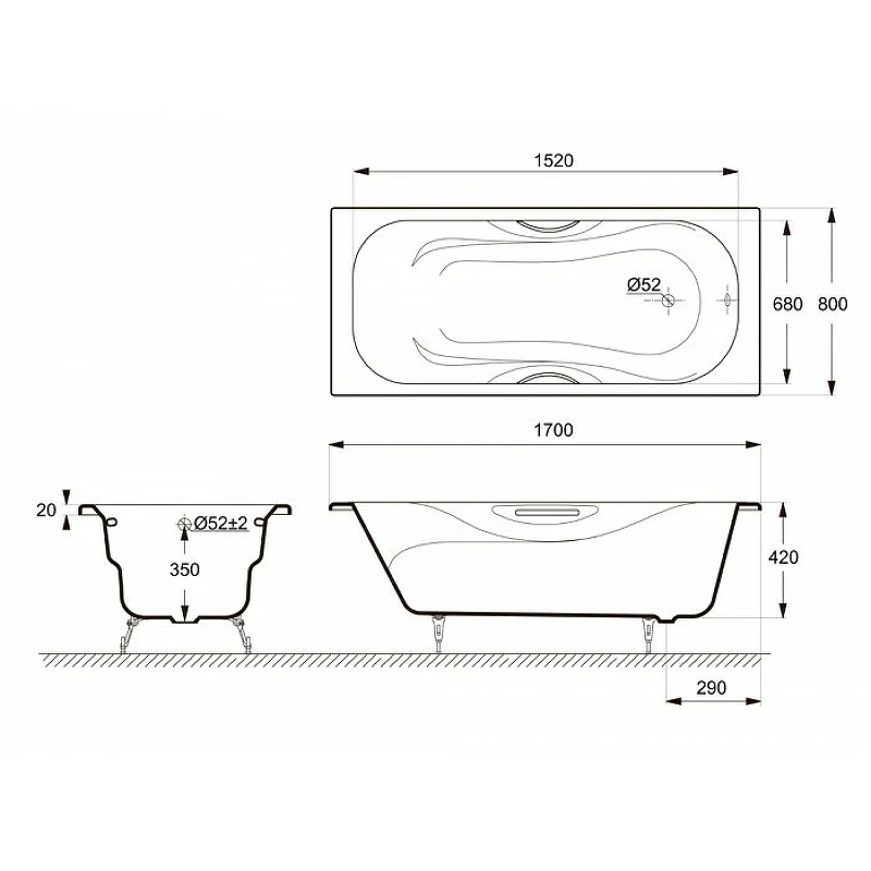 Чугунная ванна Delice Malibu 170x80 DLR230630R с отверстиями под ручки без антискользящего покрытия