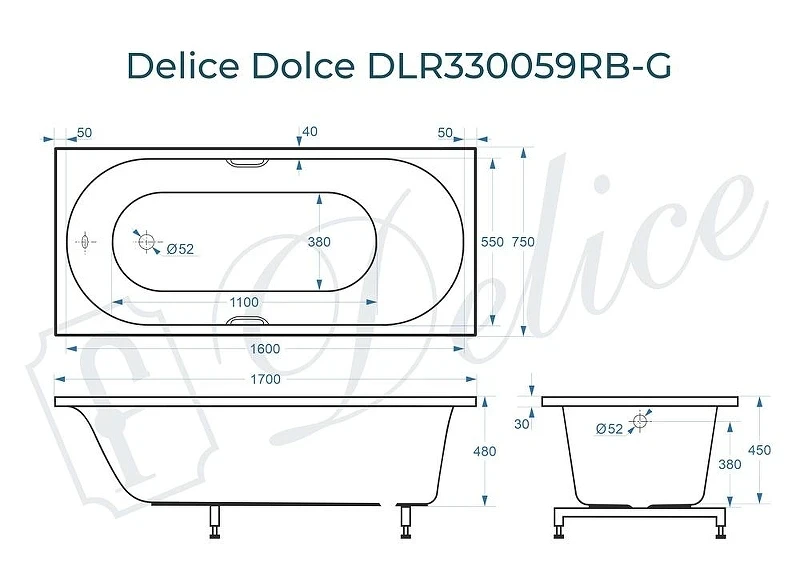 Ванна из искусственного камня Delice Dolce 170х75 DLR330059RB-G цвет Белый глянцевый с черными ручками