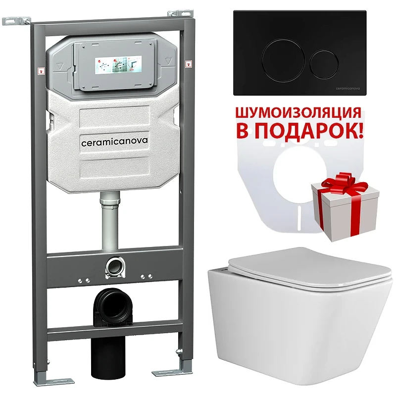 Комплект унитаза с инсталляцией Ceramicanova Metric CN3007_1001B_1000 с сиденьем Микролифт и Черной матовой клавишей смыва фарфор подвесной
